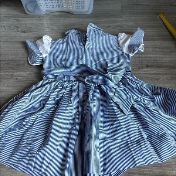 Kids Blue and White Striped Dress with Embroidery - Picture 2 of 4